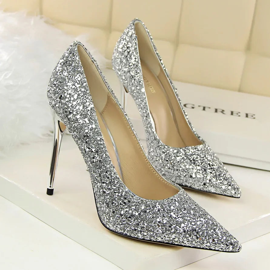 Women Luxury Bling Red  Blue Valentine Party Scarpins Pumps Lady Glitter Sequins 7cm 9.5cm High Heels Designer Shoes Plus Size
