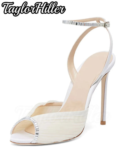 Bridal Crystal Air Mesh Heeled Sandals White Shallow Stiletto Women High Heels Elegant Luxury Designer Peep Toe Shallow Shoes
