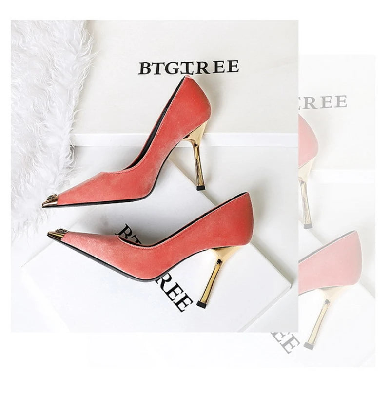 Women Peach Pink Velvet Metal Capped Pointed Toe Pumps Gold Trapezoid Thin High Heels Gentle Retro Luxury Date Banquet Ladies