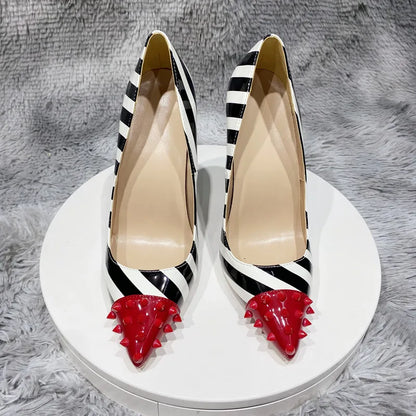 Black and white striped patent leather color blocked rivet pointed thin heel shallow mouth sexy super high heels single shoe
