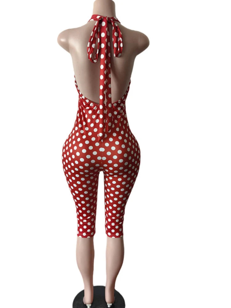Beyprern Vintage Polka Dot Print Skinny One Piece Jumpsuit Women Sexy Halter Neck Sleeveless Bodycon Playsuit Elegant Streetwear