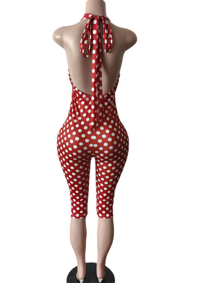 Beyprern Vintage Polka Dot Print Skinny One Piece Jumpsuit Women Sexy Halter Neck Sleeveless Bodycon Playsuit Elegant Streetwear