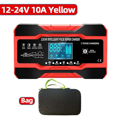 12V 24V Car Battery Charger 10A Smart 7-Stage Pulse Repair Fast Charger, AGM GEL WET Lead Acid Battery Maintainer