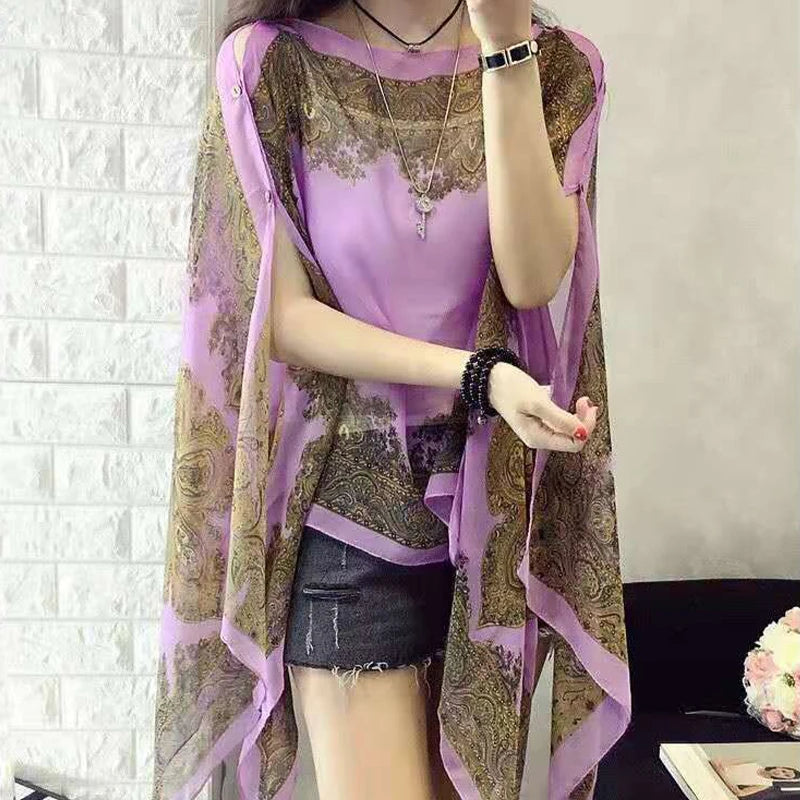 〔YS1〕Summer Sun Protection Chiffon Printed Scarf  Scarf Polyester Shawls For Women Beach Silk Variable Decorative Shawl