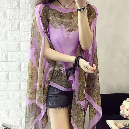 〔YS1〕Summer Sun Protection Chiffon Printed Scarf  Scarf Polyester Shawls For Women Beach Silk Variable Decorative Shawl