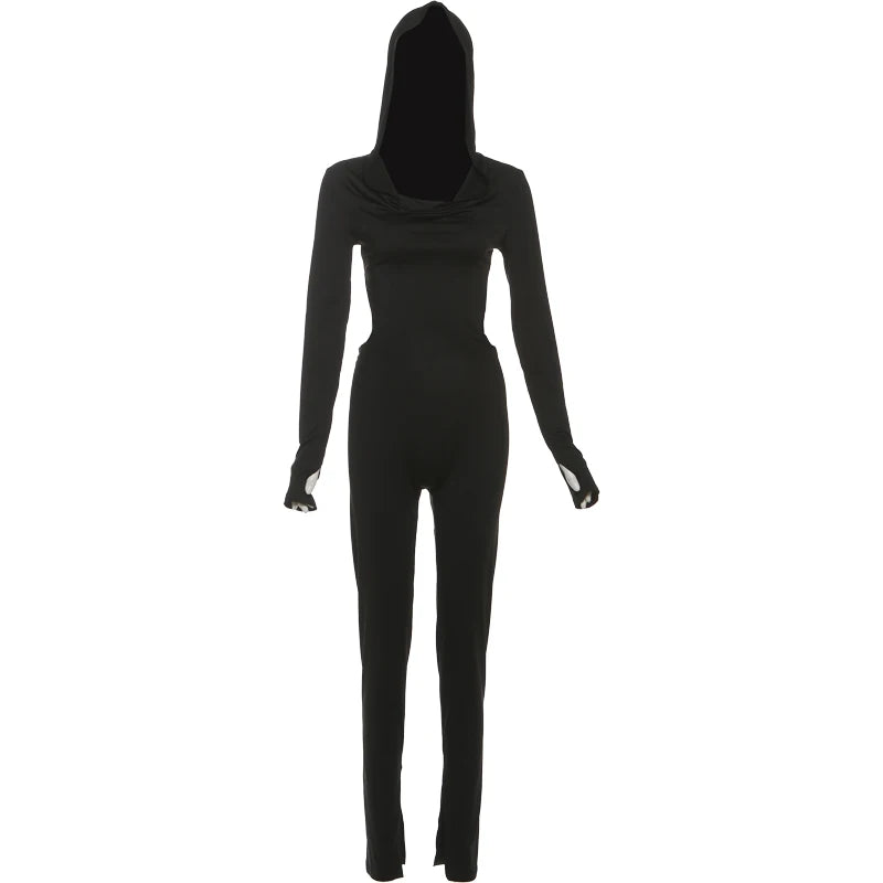 Nibber Backless Hooded Jumpsuits Women Long Sleeve Peach Buttock Slit Solid Skinny Elasticity Autumn Trend Sexy Street Outfits