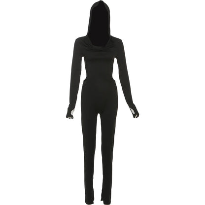 Nibber Backless Hooded Jumpsuits Women Long Sleeve Peach Buttock Slit Solid Skinny Elasticity Autumn Trend Sexy Street Outfits