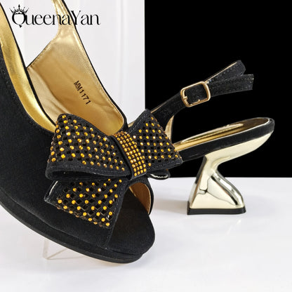 Queena Yan Sky Blue Color Peep Toe High Women Heels Shoes and Bags for Women Rhinestone Evening Party Elegant Luxury Handbag