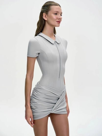 Sibybo Polo Collar Zipper Women Jumpsuits Set Short Sleeve High Elastic Rompers Ruched Bodycon Skirt Spring Casual Matching Sets