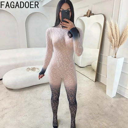 FAGADOER Sexy Lace Hollow-out Patchwork Bodycon for Jumpsuits Woman Gradient See Through Rompers Female Party Clubwear Overalls