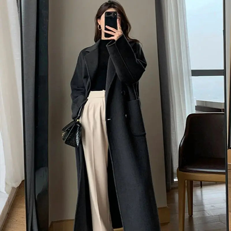 Winter Trench Coat For Women 2026 New Fashion Korean Casual Wool Coat Navy Blue Lace-up Long Jacket Black Woman Coat With Blet