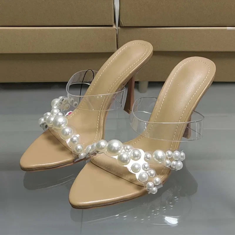 Luxury Brand Design String Bead PVC Transparent Slippers Women Summer High Heels Sandalias Fashion Open Toe Party Slide Sandals