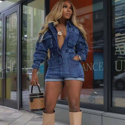 FAGADOER Retro Fashion Bodycon Denim Rompers Women Wash Cargo Pocket Patchwork Jumpsuits Female Streetwear Overalls 2025 New