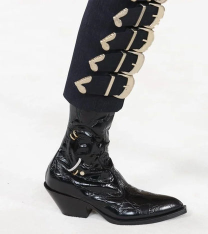 Genuine Leather Bling Rhinestone Pointed Toe Mid-Calf Women Boots Chunky High Heels Back Zipper Design Special Design Shoes