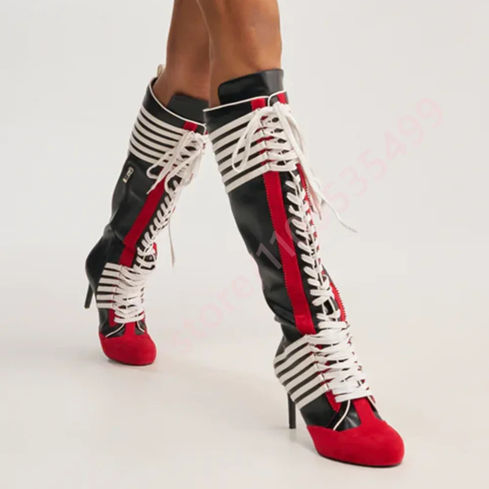 Black Red Color Block Striped Knee High Boots Women 2026 New Full Lace Up Thin Stiletto High Heel Fashion Streetwear Long Boots