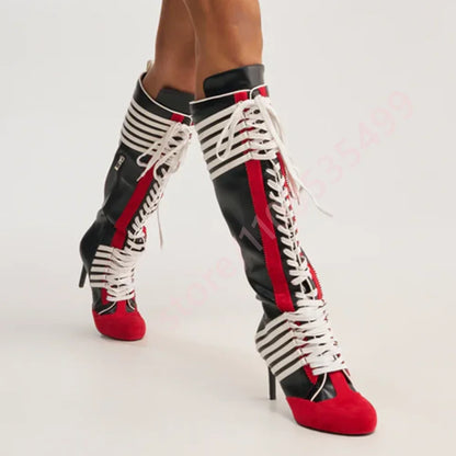 Black Red Color Block Striped Knee High Boots Women 2026 New Full Lace Up Thin Stiletto High Heel Fashion Streetwear Long Boots