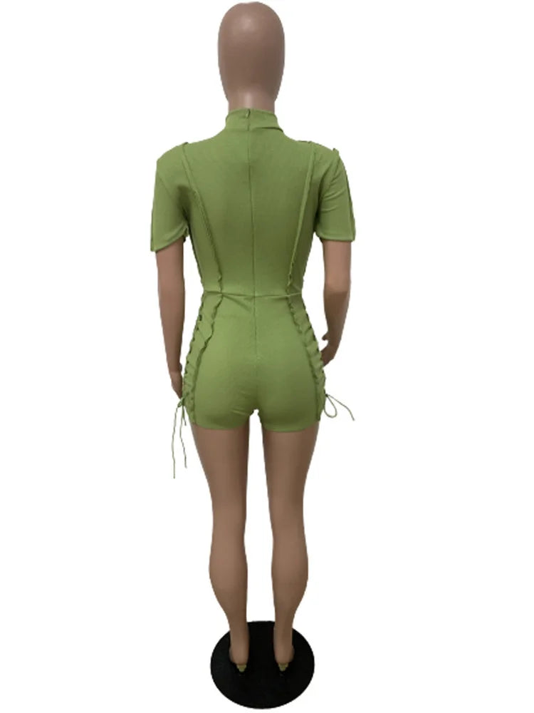 Wholesale Streetwear Jumpsuit Women 2023 One-pieces Outfits Rompers Summer Green Short Sleeve Bodycon Casual Bandage Playsuits