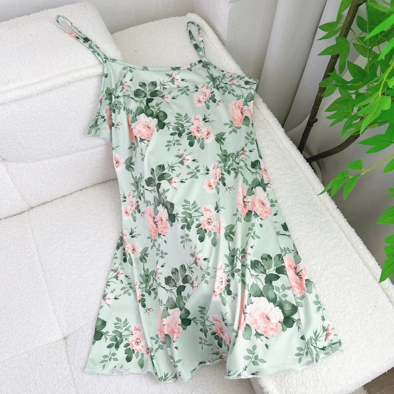 FINETOO Summer Teddy Bear Sleepwear Women Seamless Hearts Butterfly Floral Printed Sleeveless Ruffled Loungewear Cute Nightdress