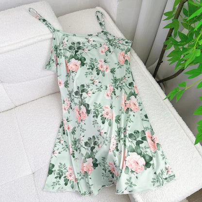 FINETOO Summer Teddy Bear Sleepwear Women Seamless Hearts Butterfly Floral Printed Sleeveless Ruffled Loungewear Cute Nightdress
