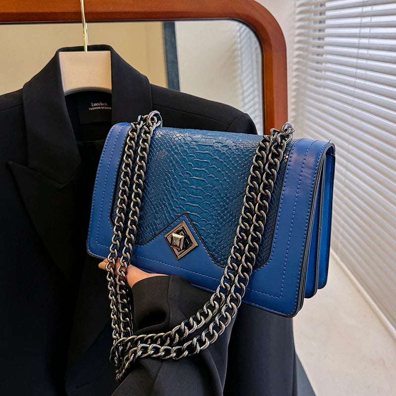 Leather Shoulder Bag Chain Purse for Women - Fashion Crossbody Bags Vintage Snake Print Underarm Bag Square Satchel Handbag