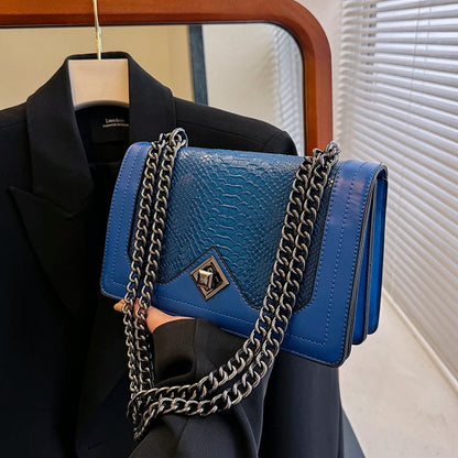 Leather Shoulder Bag Chain Purse for Women - Fashion Crossbody Bags Vintage Snake Print Underarm Bag Square Satchel Handbag