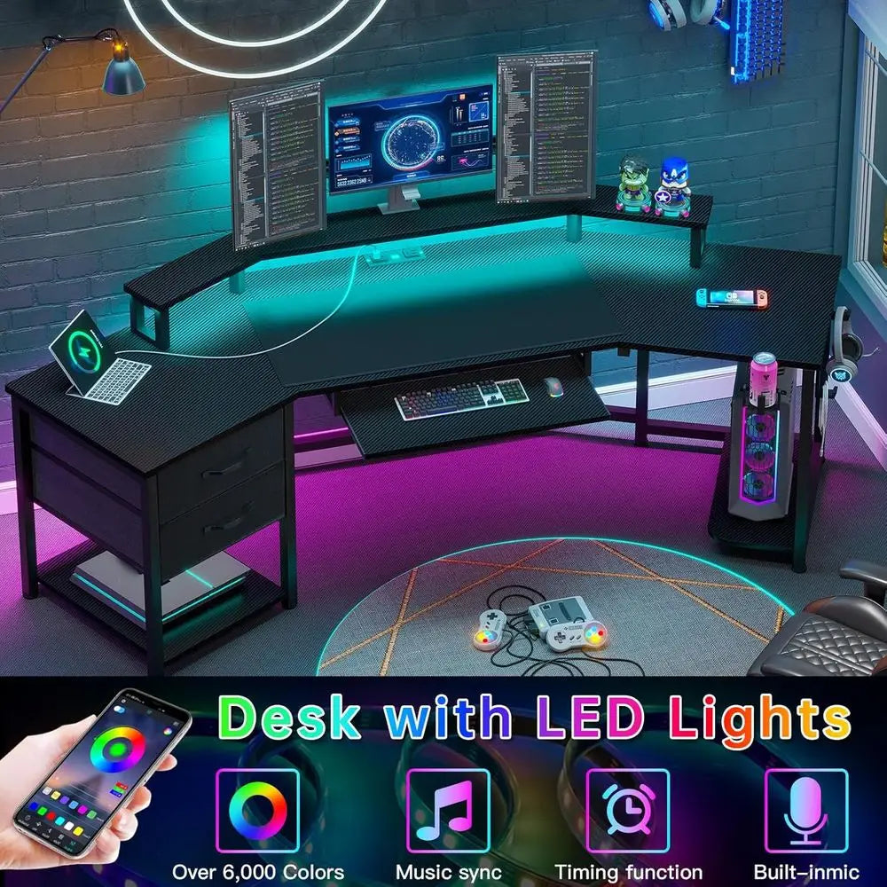 79" Gaming Desk, Computer Desk with 2 abric Ders & LED Light, L Shaped Gaming Desk with Storage Shel or Home Oice, Carbon iber B