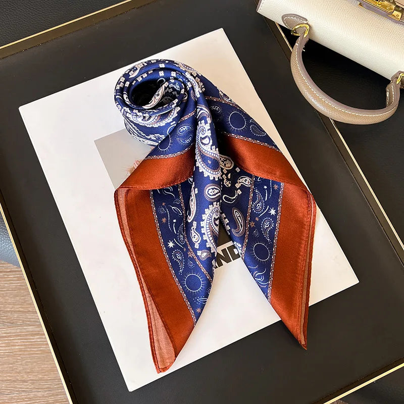 100% Mulberry Silk Square Scarf 53x53cm Royal Blue Paisley Print Neck Scarf Headband Bag Ribbon Vintage Elegant Gift For Women