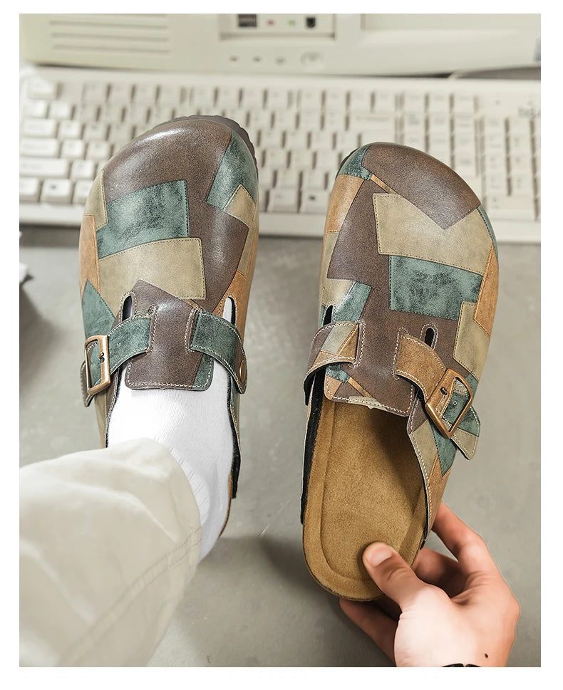 Unisex Cork Closed Toe Slippers Slip-on Clogs Slides Fashion Leather Sandals with Adjustable Buckle Backless Comfort Footbed