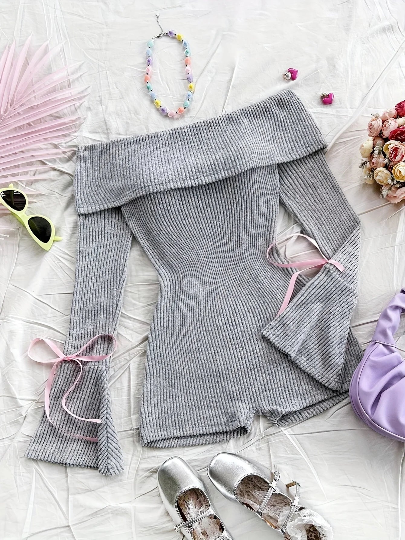 Elegant Directed Women's Autumn Winter New Knitted Solid Color One-Shoulder Bell Sleeve Long Sleeve Sexy Bared Shoulder Jumpsuit