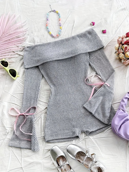Elegant Directed Women's Autumn Winter New Knitted Solid Color One-Shoulder Bell Sleeve Long Sleeve Sexy Bared Shoulder Jumpsuit