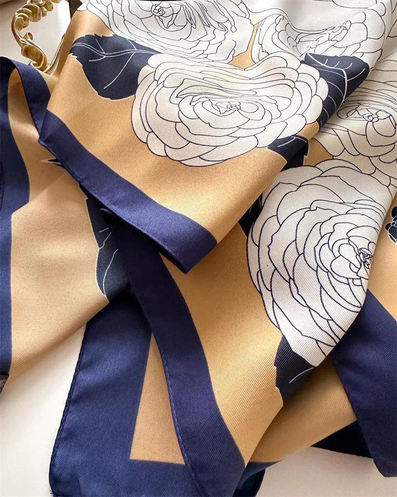90cm Floral Print Silk Square Scarf Women Luxury Brand Satin Shawls Neckerchief Wrap Scarves Bandana Hair Hjiab Bohemian Style