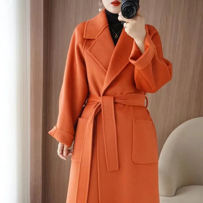 2024 Women's Wear 100% Wool Coat Autumn/Winter Fashion Temperament Double sided Cashmere Coats with Belt Elegant Long Overcoat