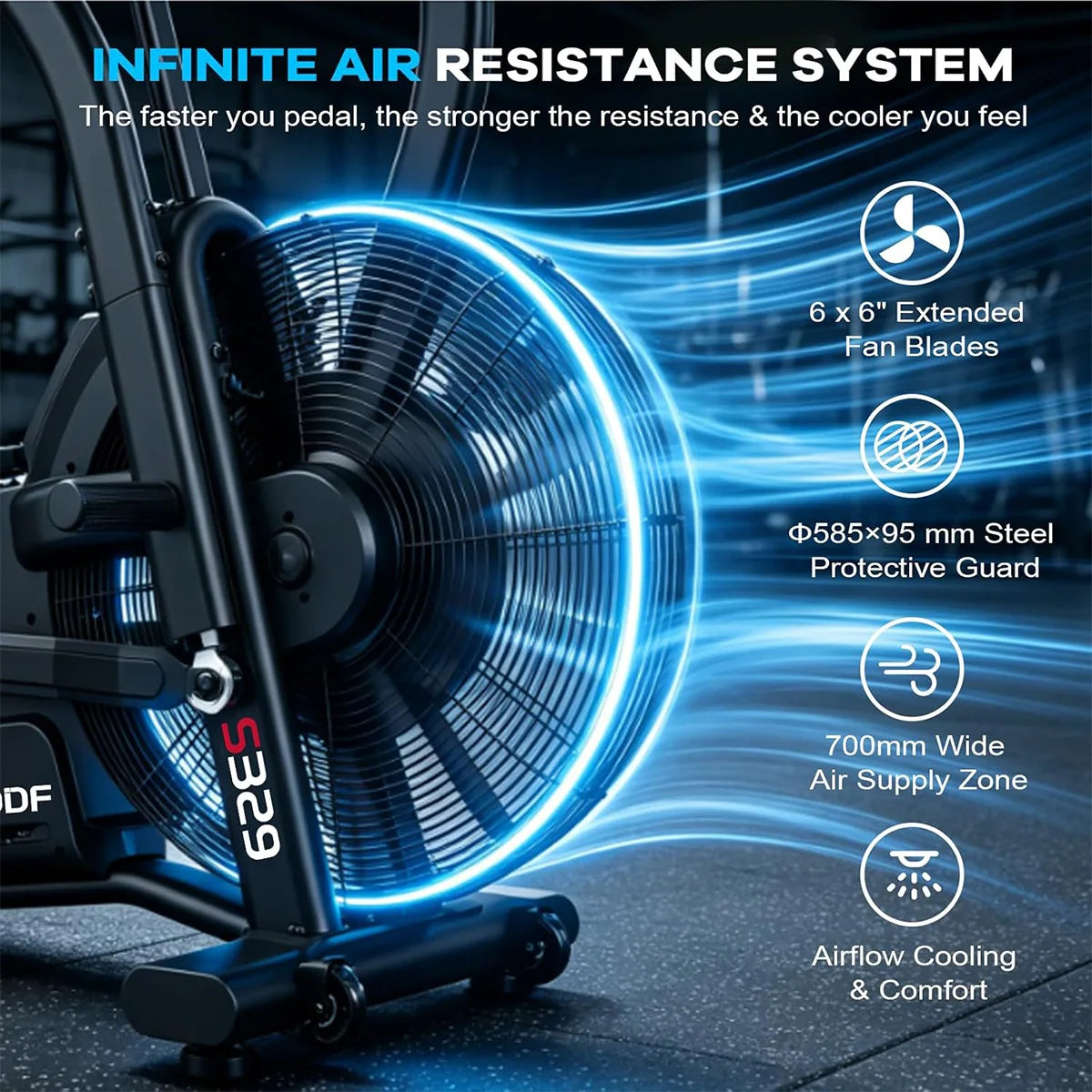 Pooboo Air Resistance Fan Exercise Bike, Upright Stationary Indoor Cycling Bike with Bluetooth Connection, Dual Action Handlebars and Dual-Layer Transmission System for Home Gym Cardio Training