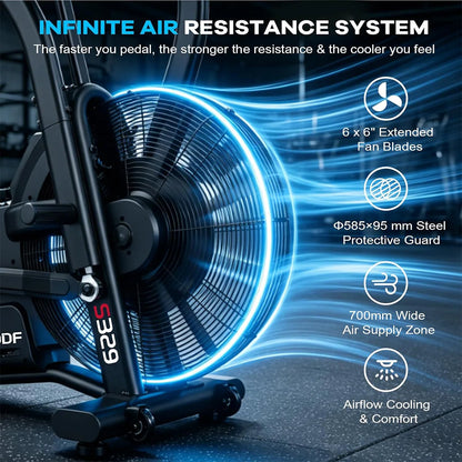 Pooboo Air Resistance Fan Exercise Bike, Upright Stationary Indoor Cycling Bike with Bluetooth Connection, Dual Action Handlebars and Dual-Layer Transmission System for Home Gym Cardio Training