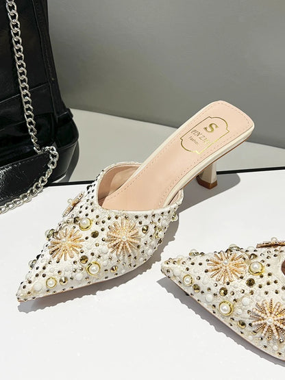 Luxury String Bead Decoration Design Brand High Heel Slippers Women Shiny Rhinestone Slide Sandals Elegant Wedding Bridal Shoes