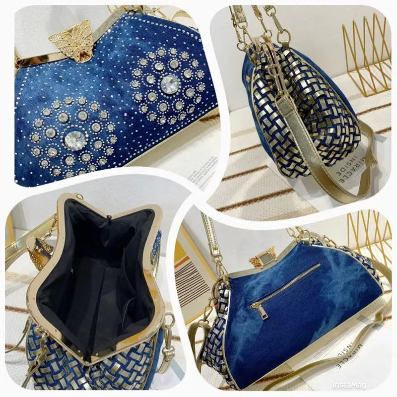 Denim Rhinestones Women Handbag Clutch Bag For Evening Party Chic Butterfly Decoration Ladies Denim  Shoulder Bag