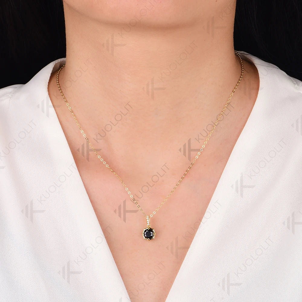 Kuololit 1CT Black Moissanite Necklace for Women Solid 18K 14K 10K 585 Yellow Gold Round Cut Moissanite Penant for Christmas