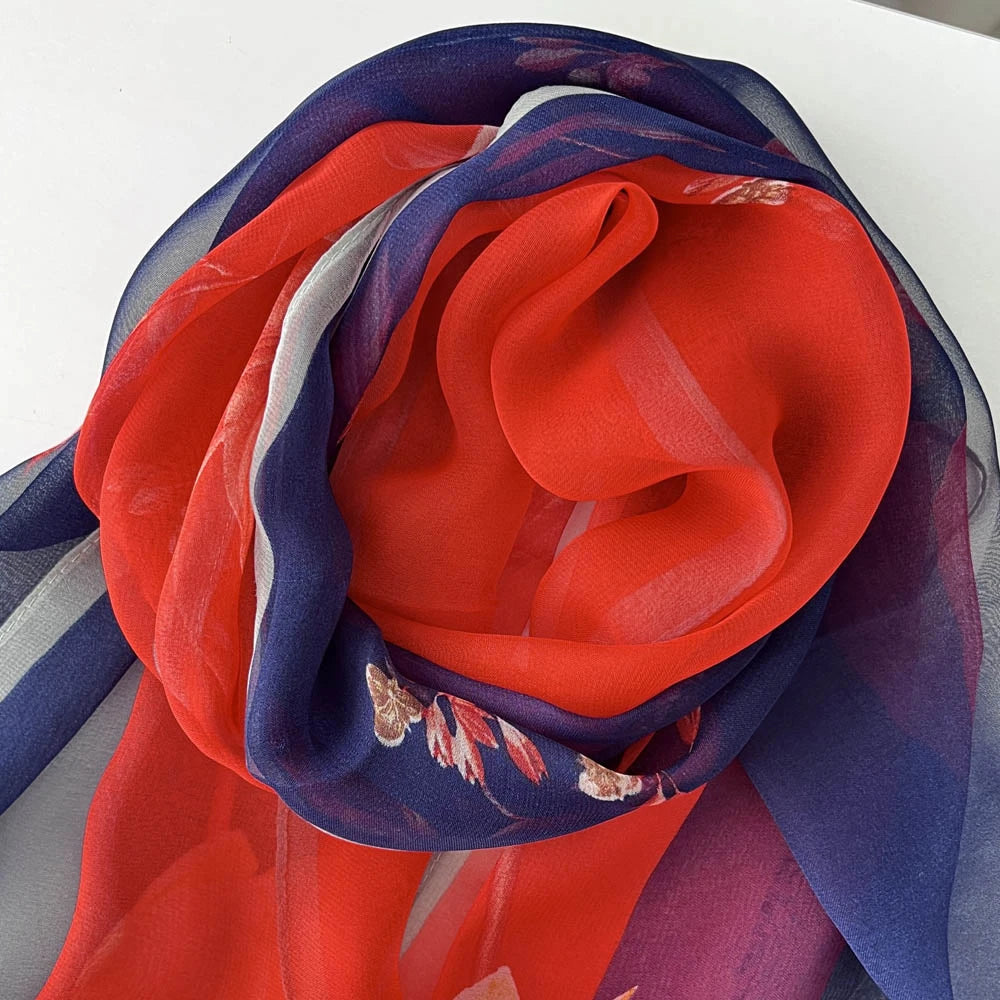 Gradient Lily Print Pretty Women Elegant Chiffon Georgette Bandana Scarf Summer Beach Sunscreen Thin Shawl