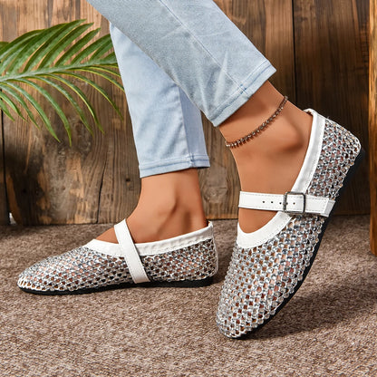 Summer Rhinestone Mesh Hollow Sandals Plus Size 43 Women Flats Shallow 2024 New Mary Jane Shoes Comfort Luxury Female Flat Shoes