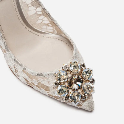 Mesh lace high-heeled shallow mouth shoes 2026 new pointed crystal buckle slim heel fashionable banquet women's single shoes