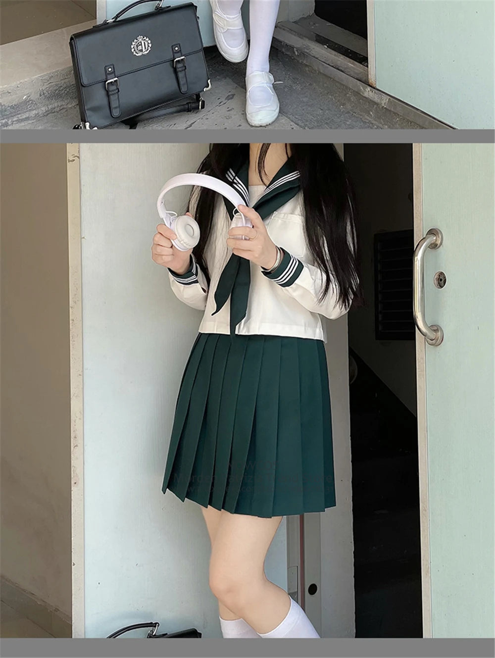 Japanese School Girl Uniform XS-XL JK Green Sailor Basic Cartoon Three Lines Sailor Uniform Sets Navy Costume Women Girl Costume