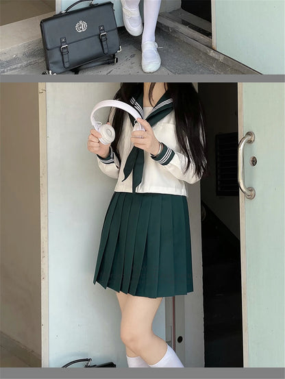 Japanese School Girl Uniform XS-XL JK Green Sailor Basic Cartoon Three Lines Sailor Uniform Sets Navy Costume Women Girl Costume