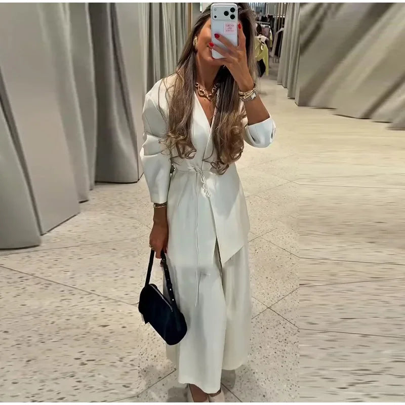 Elegant Women's Lace Up Shirt Pant Sets 2026 Summer V-neck Long Sleeve Top High Waist Loose Wide Leg Pant Two Piece Set Women