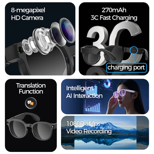 AI Smart Glasses 800W Anti Shake HD Camera Video Recording Languages Translation Sunglasses Bluetooth Call Music Play Man Women