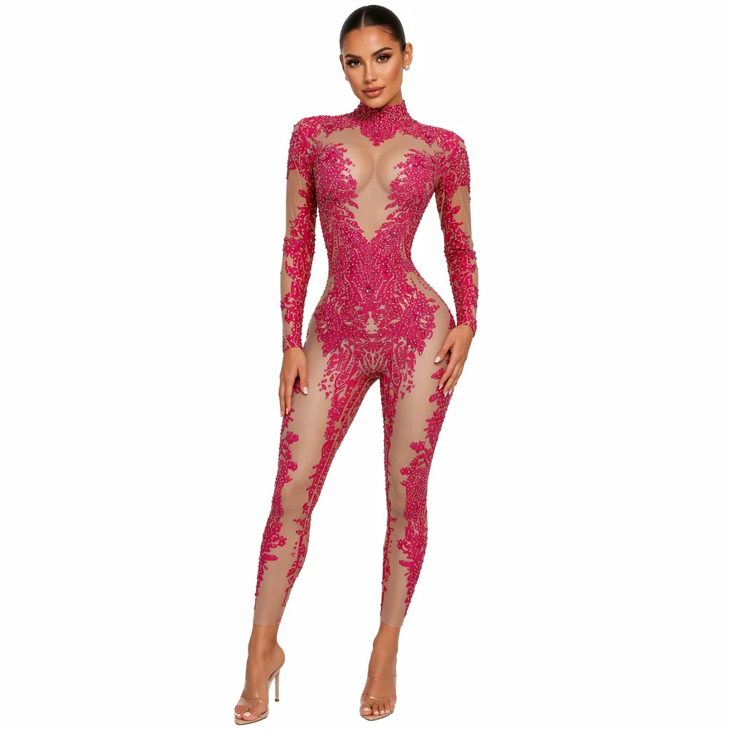 Sexy Long Sleeves Rhinestone Jumpsuits Women Drag Queen Show Stage Performance Rompers One Piece Bodysuit Dancer Festival Outfit