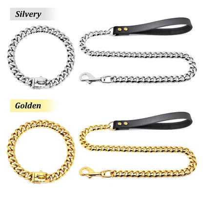 Traction Solid Super Strong Gold Collar Stainles Steel Dog Leash Pet Lead Chain 32mm 19mm Bulldog Pitbull Large Dog Collar Leash