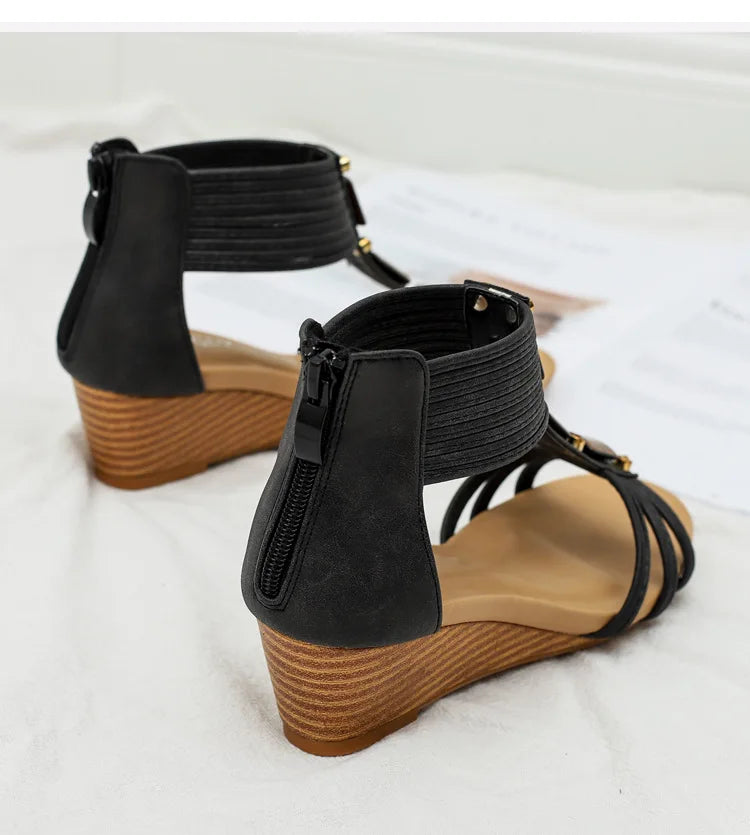 High quality leather flat sandals for women 5cm mid heel with beading summer 2026 36 42 open toe casual vintage shoe black beige