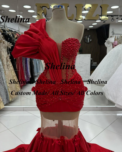Shelina Fashion One-shoulder Evening Dress Plearls Illusion Pleat Sweetheart Special Occasion Gown Robes De Soiree Customized