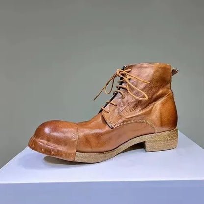 Washed Men's High Top Retro Leather Thick Soled High Rise Short Leather Boots Goodyear- Handmade Horse Leather Shoes Worn