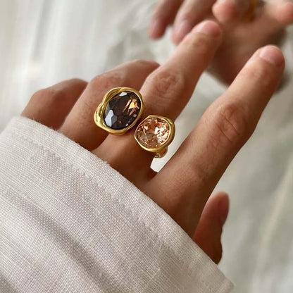 Vintage Brown Crystal Elliptical Open Rings For Women Luxury Rhinestone Contrasting Geometric Adjustable Finger Ring Jewelry